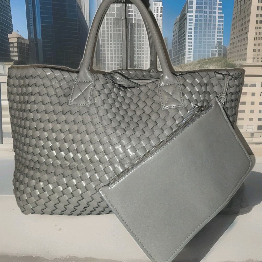 New! Handwoven Vegan Leather Tote Bag for Women Woven Retro Travel Gray 17x11x6